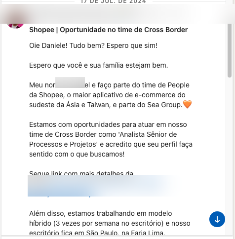 Convite de recrutador da Shopee no LinkedIn