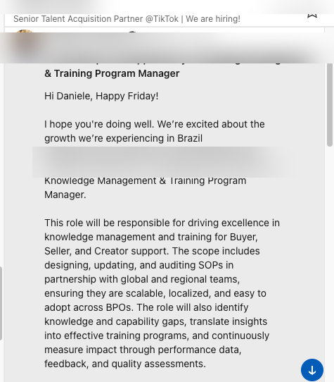 Convite de recrutadora da TikTok no LinkedIn